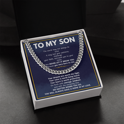 MathinkLasi Family Gift to My Son from Mom and Dad, Meaningful Son Gifts, Mother and Son Necklace, Birthday Gift for Son, Graduation Present, Christmas Gift, Cuban Link Chain Necklace for Boys and Men